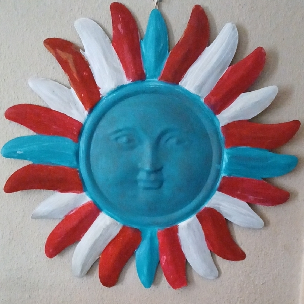 Sunburst Wall Mirror with Red, White & Teal Rays - Picture 2 of 2